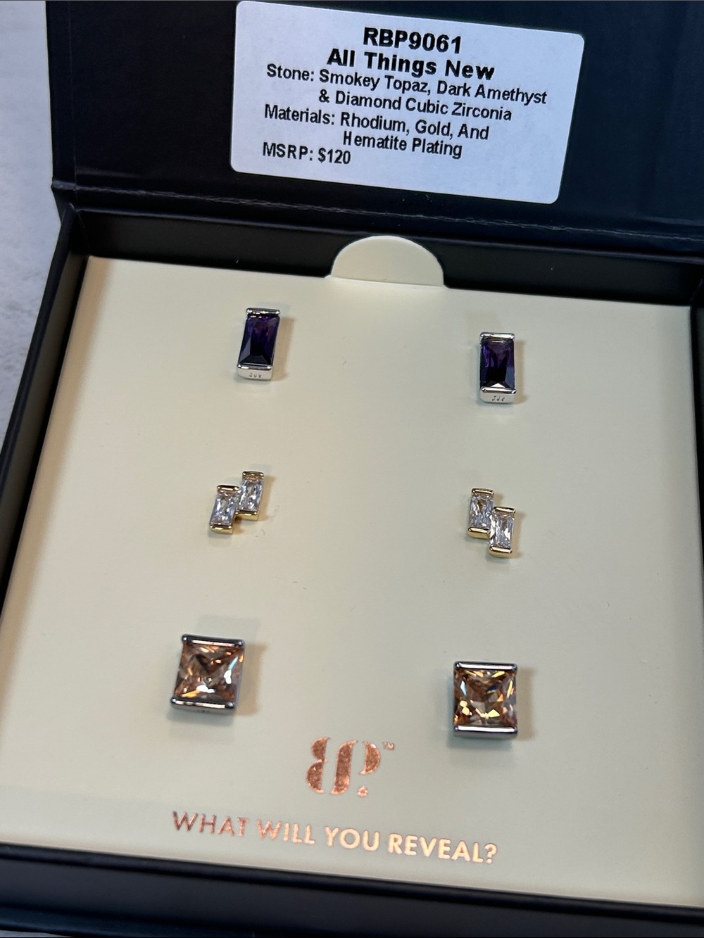 All Things New 3-Pair Stud Earring Set - Smokey Topaz, Dark Amethyst, Clear